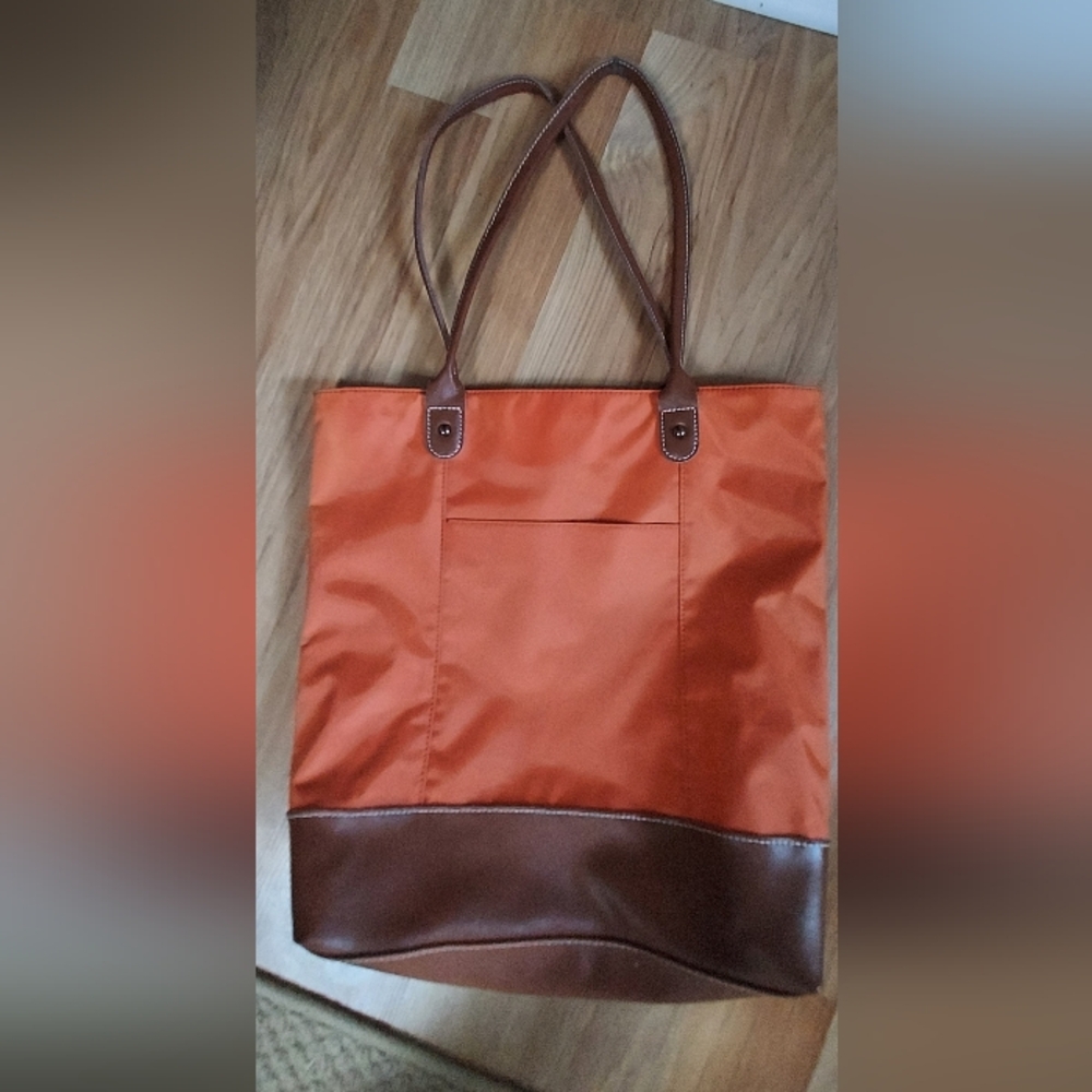 Wilsons Leather Womens Tote Bag Orange Nylon Brown Leather Large Travel